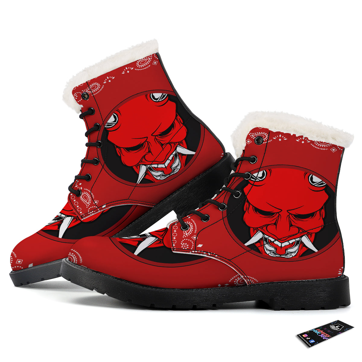 Bandana Red Hannya Demon Print Winter Boots-grizzshop