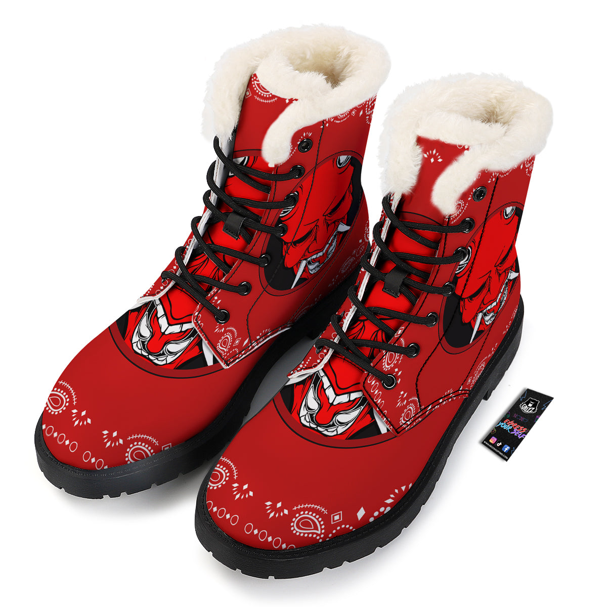 Bandana Red Hannya Demon Print Winter Boots-grizzshop