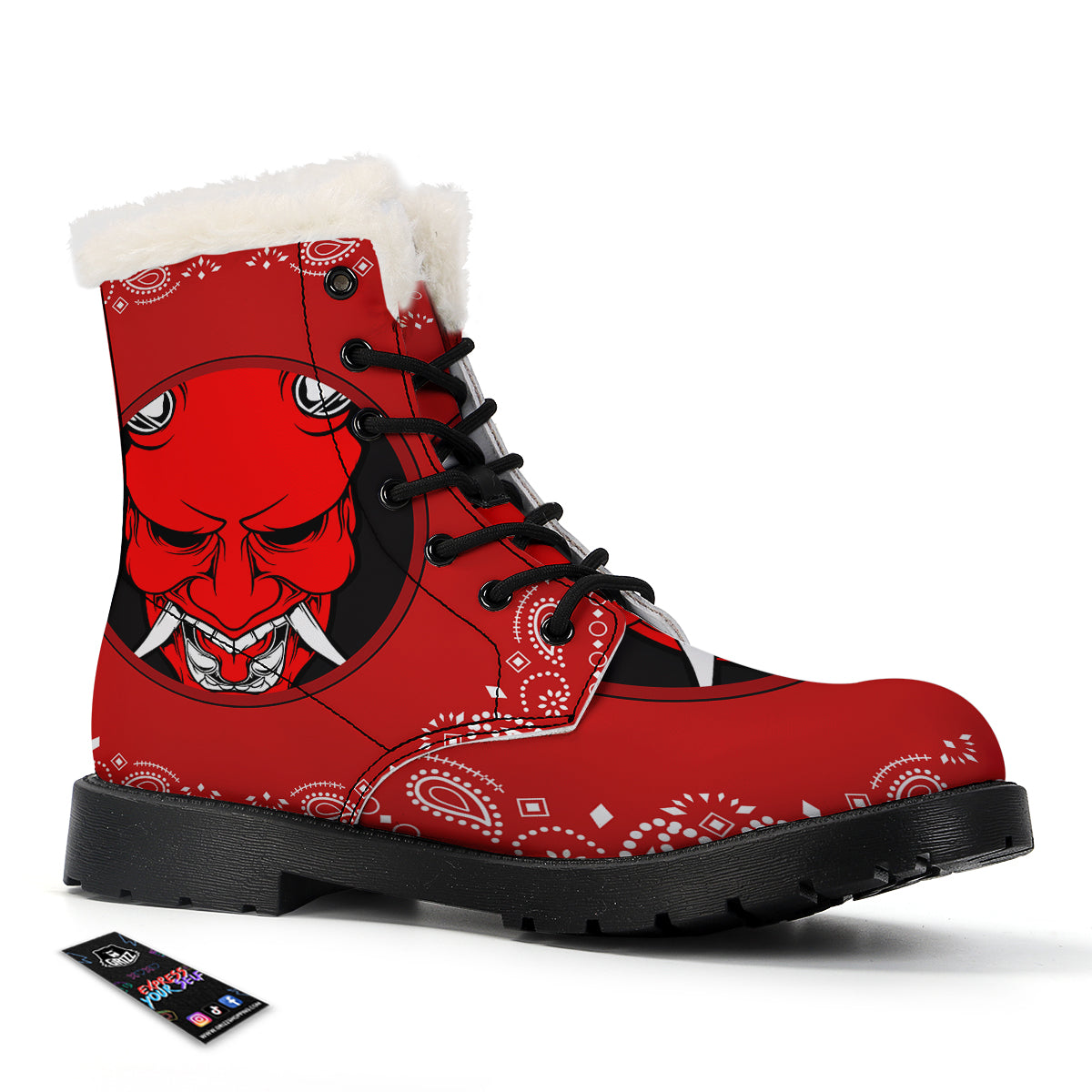 Bandana Red Hannya Demon Print Winter Boots-grizzshop