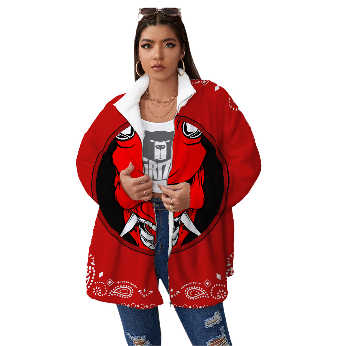 Bandana Red Hannya Demon Print Women's Sherpa Jacket-grizzshop