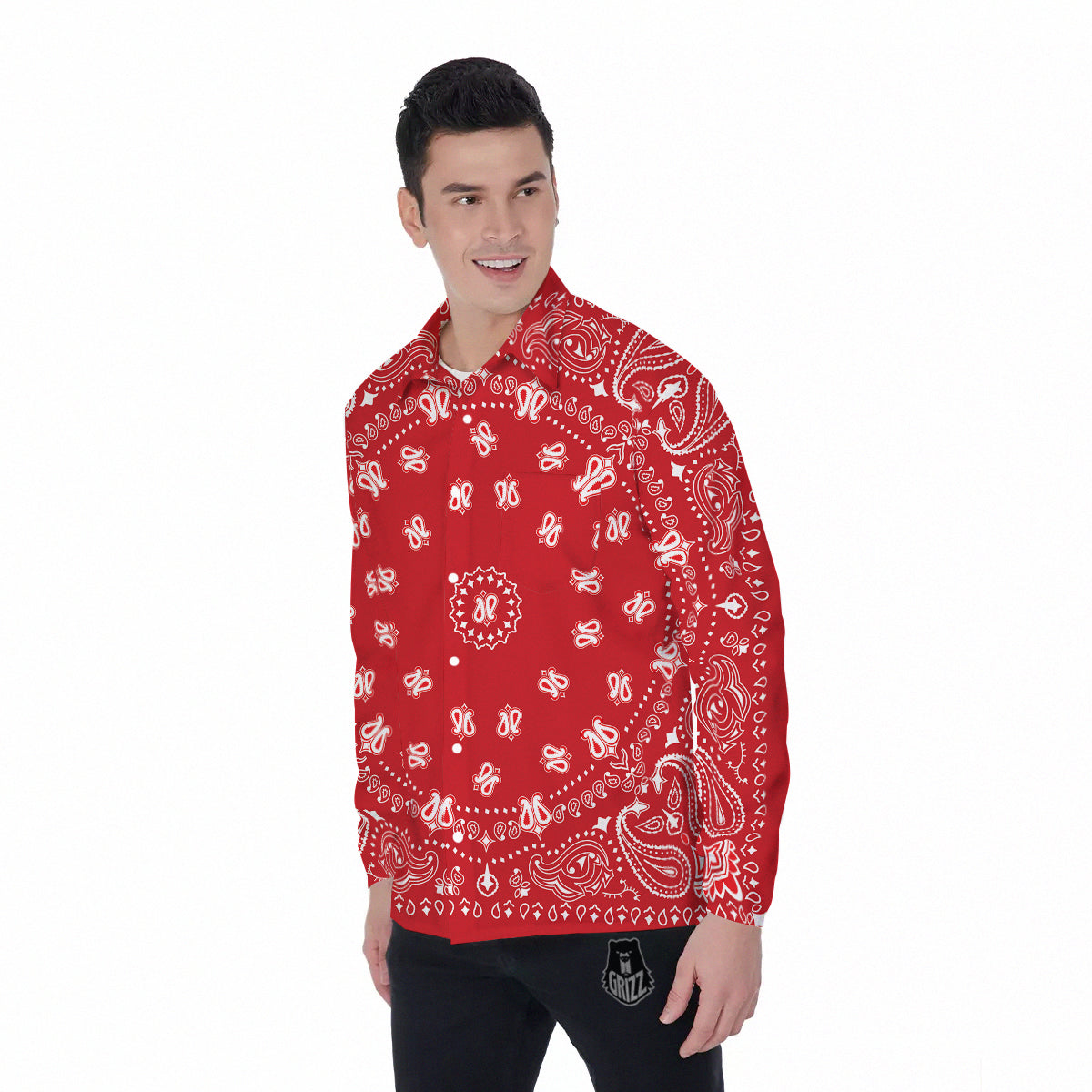 Bandana Red Paisley Print Men's Long Sleeve Shirts-grizzshop