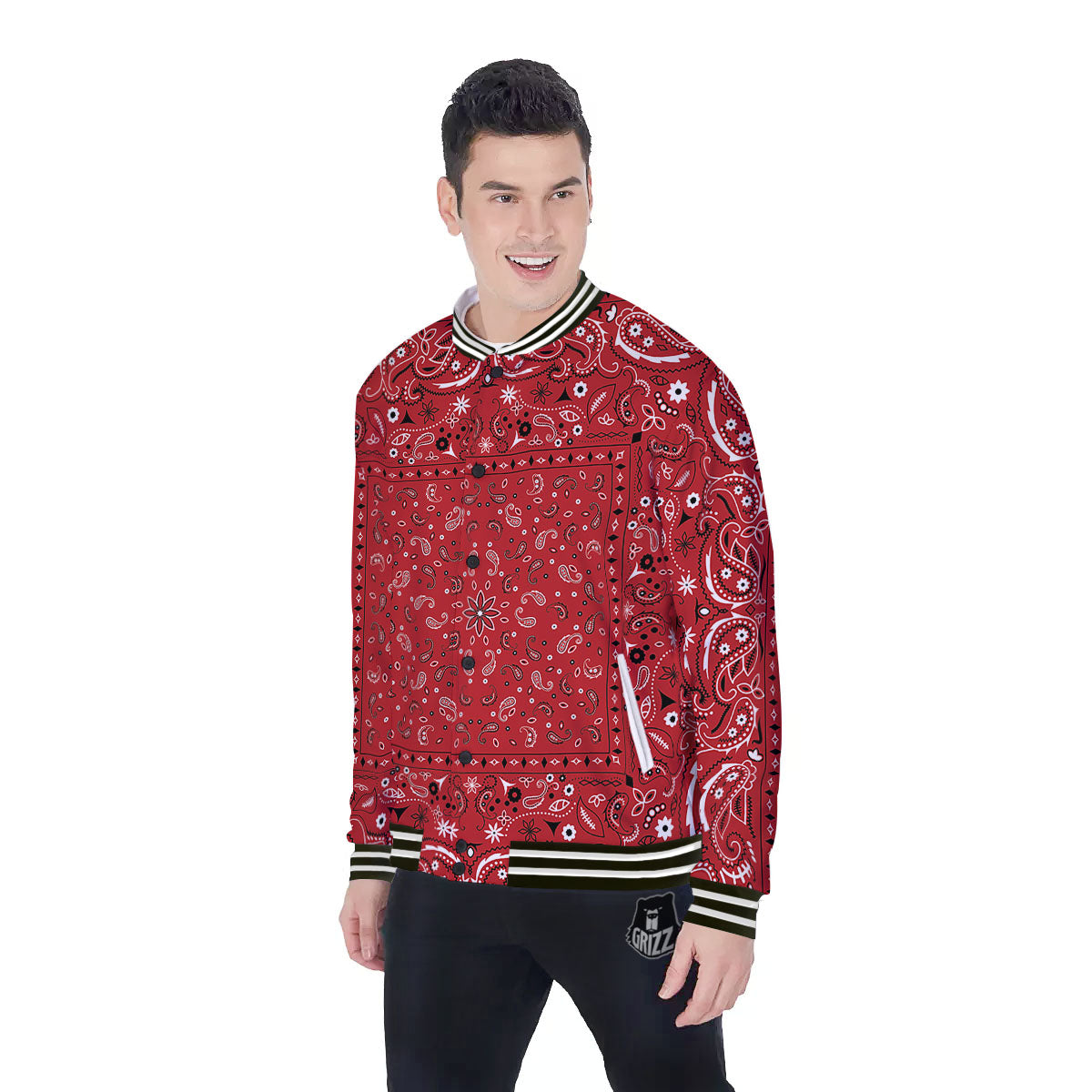 Bandana Red Paisley Print Pattern Baseball Jacket-grizzshop