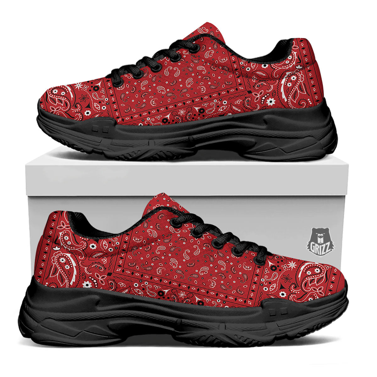 Bandana Red Paisley Print Pattern Black Chunky Shoes-grizzshop
