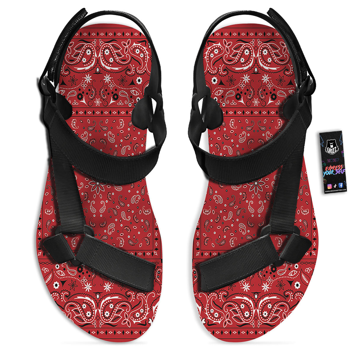 Bandana Red Paisley Print Pattern Black Open Toe Sandals-grizzshop