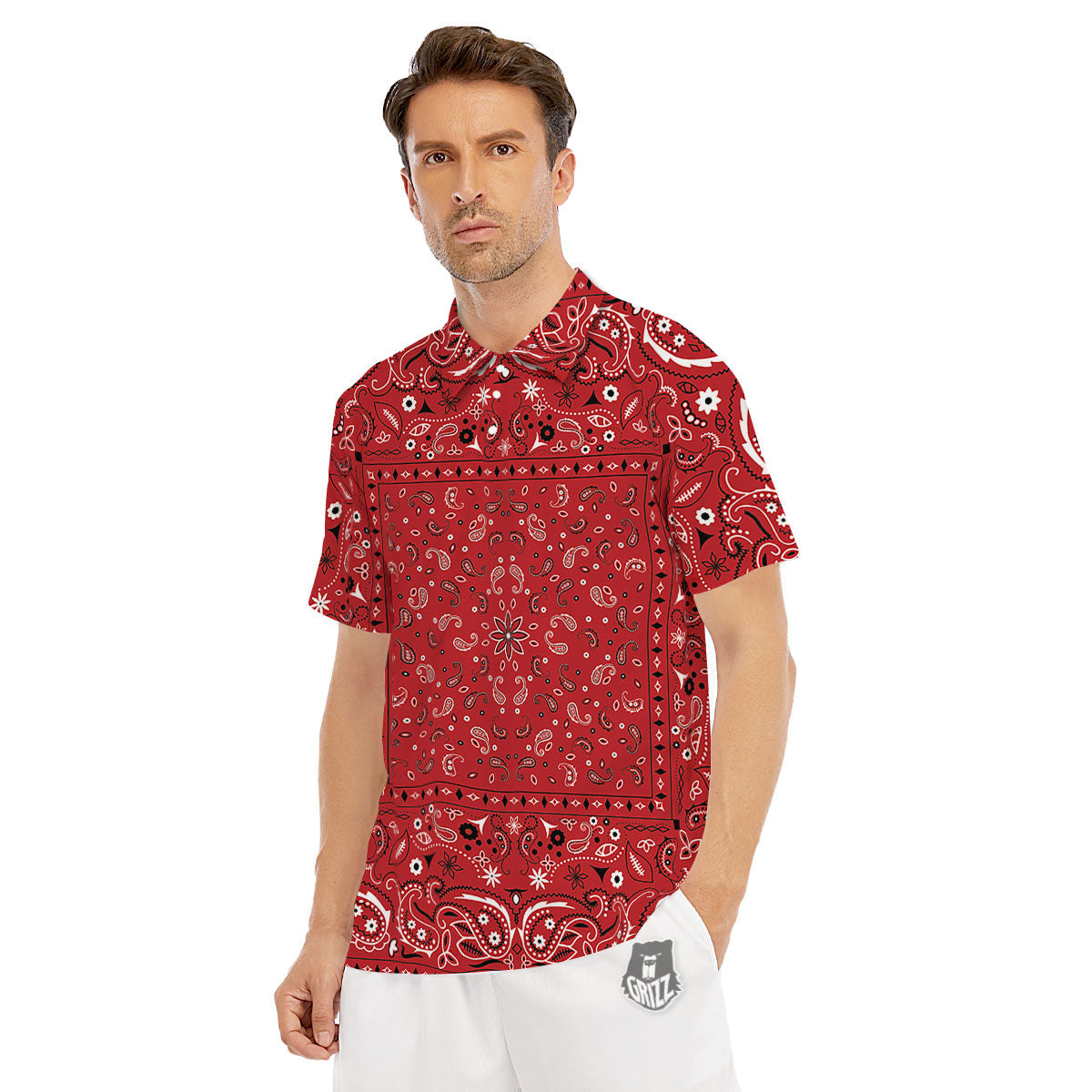 Bandana Red Paisley Print Pattern Men's Golf Shirts-grizzshop