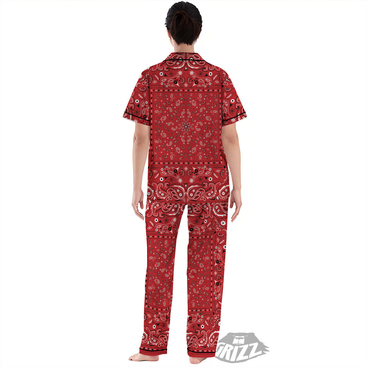 Bandana Red Paisley Print Pattern Women's Pajamas Set-grizzshop
