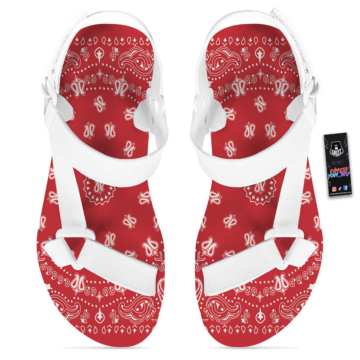 Bandana Red Paisley Print White Open Toe Sandals-grizzshop