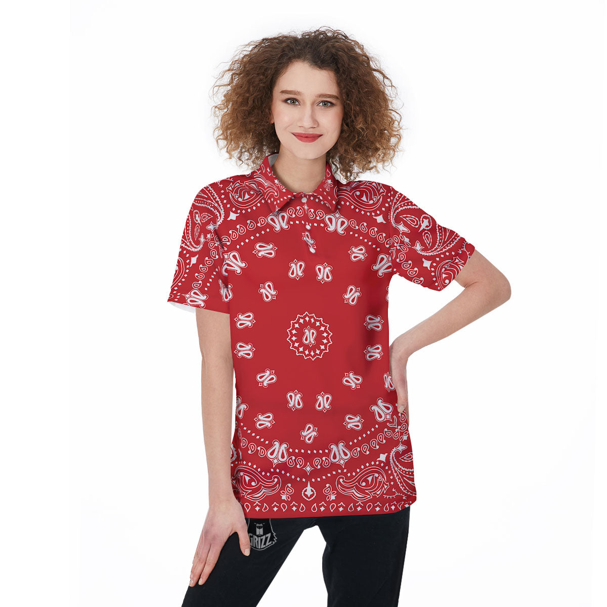 Bandana Red Paisley Print Women's Golf Shirts-grizzshop