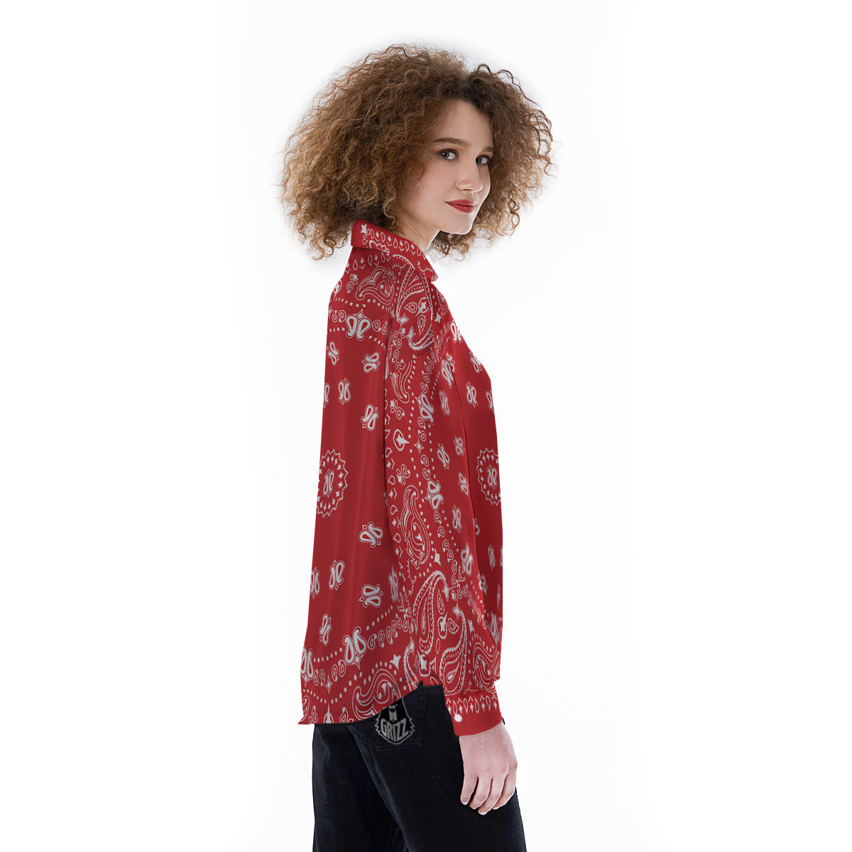 Bandana Red Paisley Print Women's Long Sleeve Shirts-grizzshop