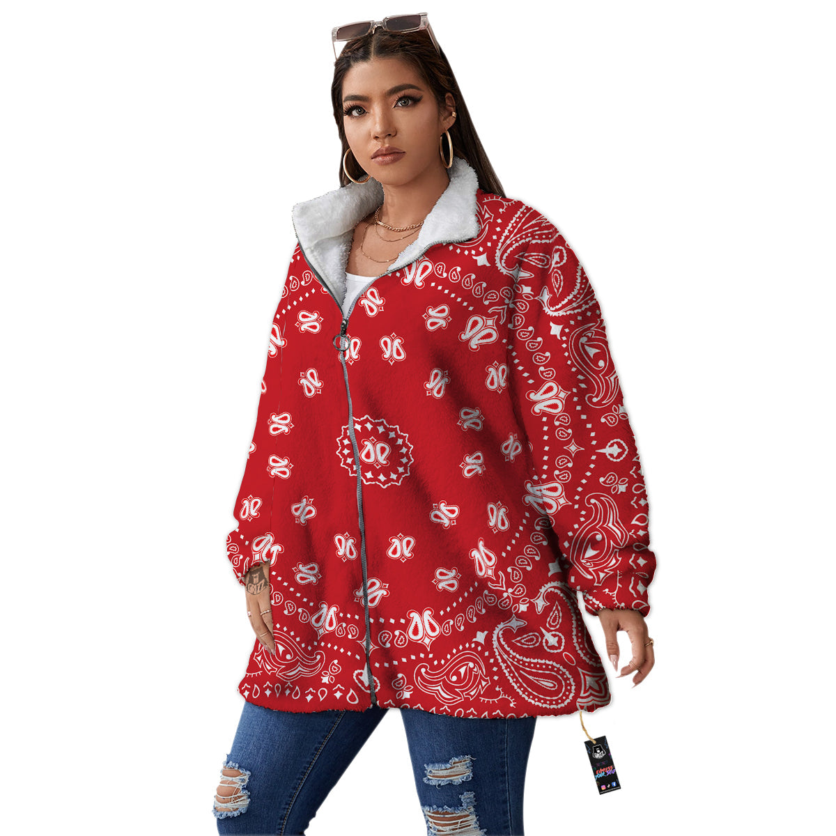 Bandana Red Paisley Print Women's Sherpa Jacket-grizzshop
