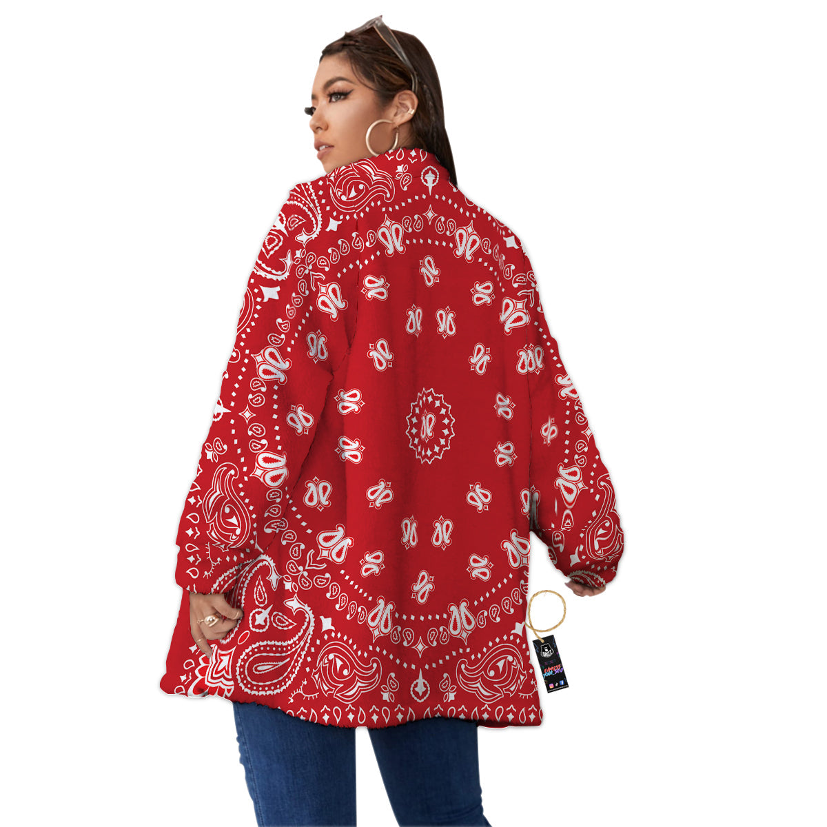 Bandana Red Paisley Print Women's Sherpa Jacket-grizzshop