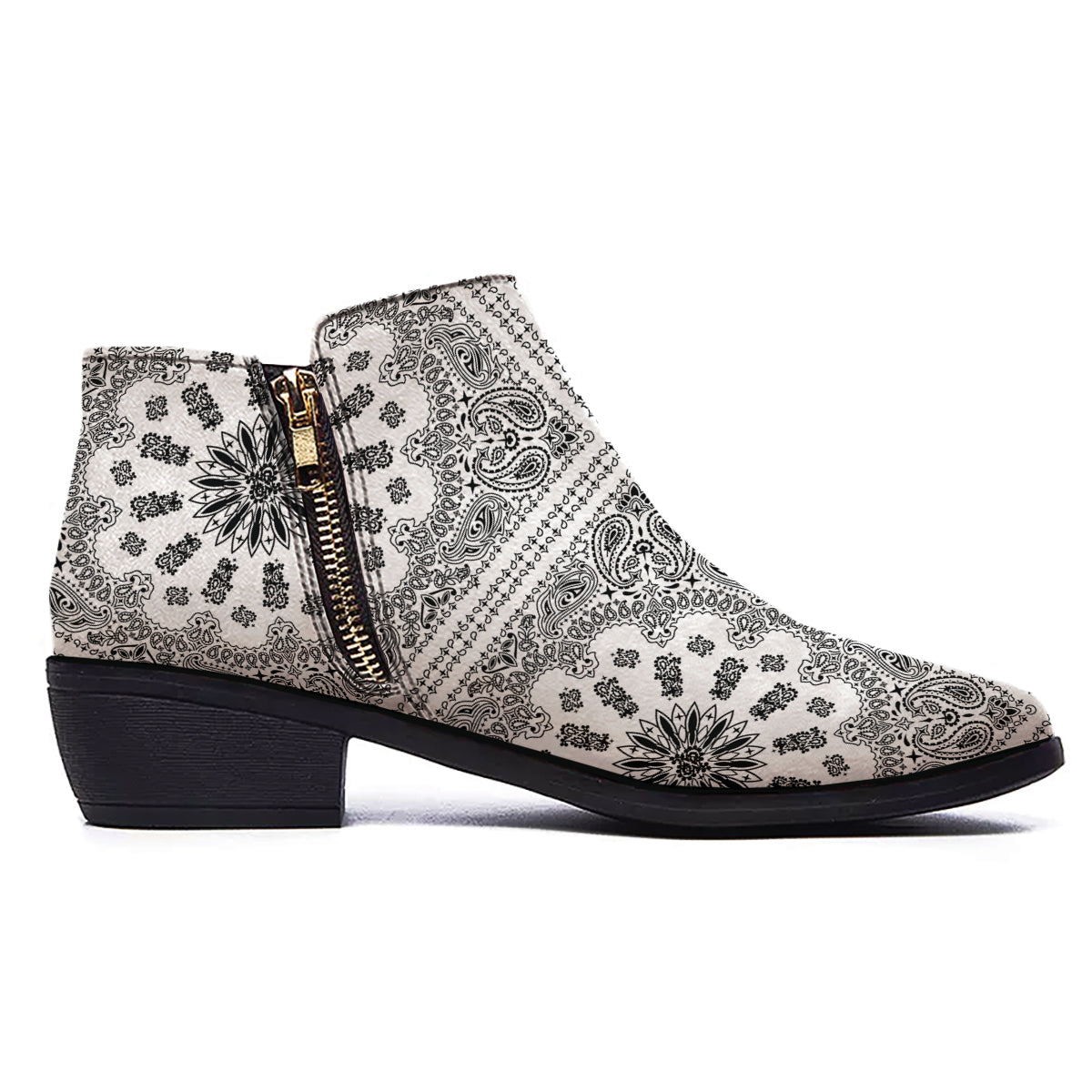 Bandana White And Black Paisley Print Pattern Ankle Boots-grizzshop