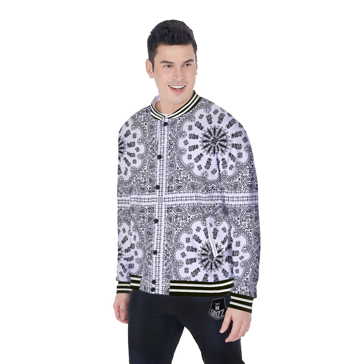 Bandana White And Black Paisley Print Pattern Baseball Jacket-grizzshop