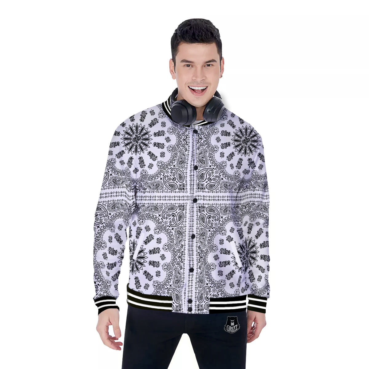 Bandana White And Black Paisley Print Pattern Baseball Jacket-grizzshop