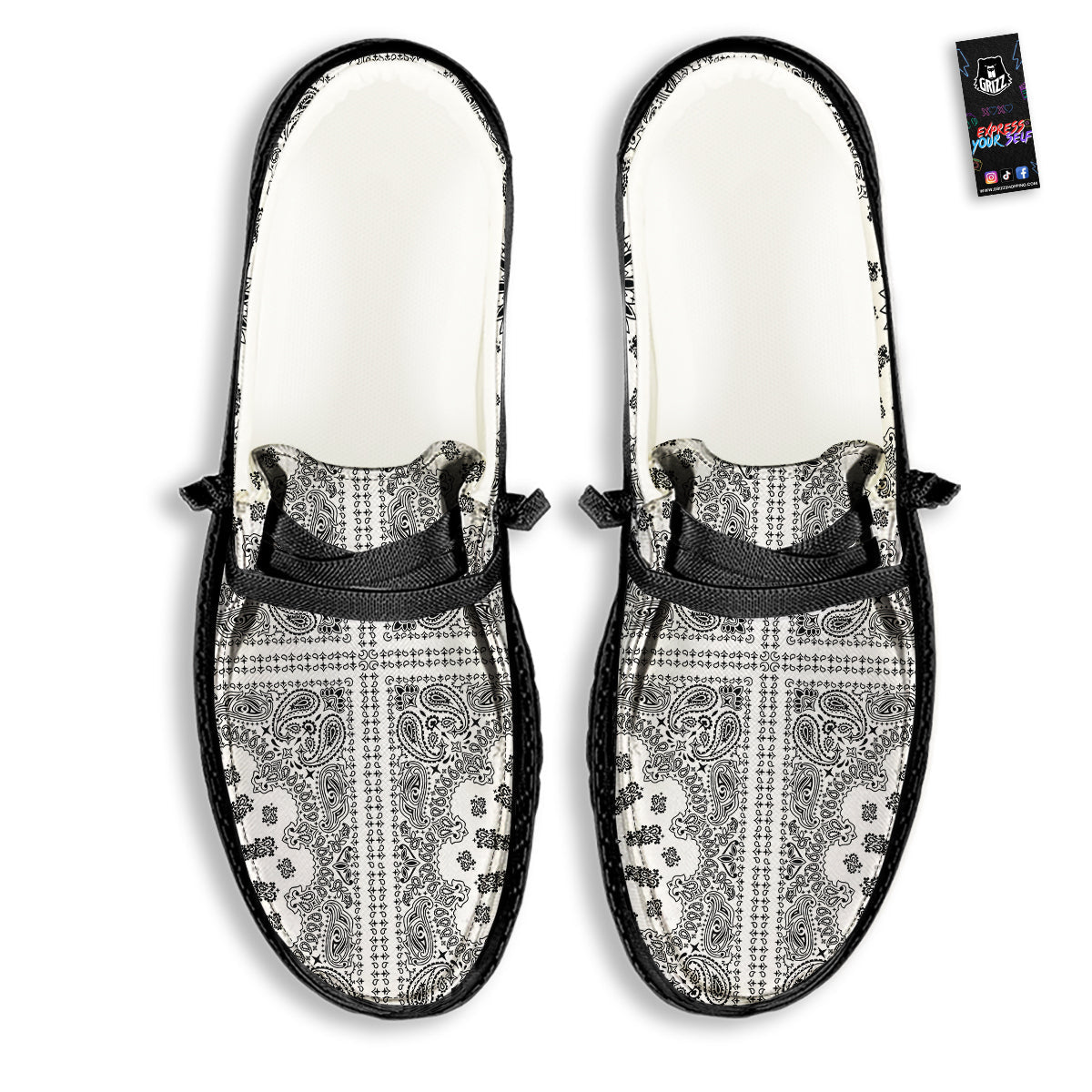 Bandana White And Black Paisley Print Pattern Black Loafers-grizzshop