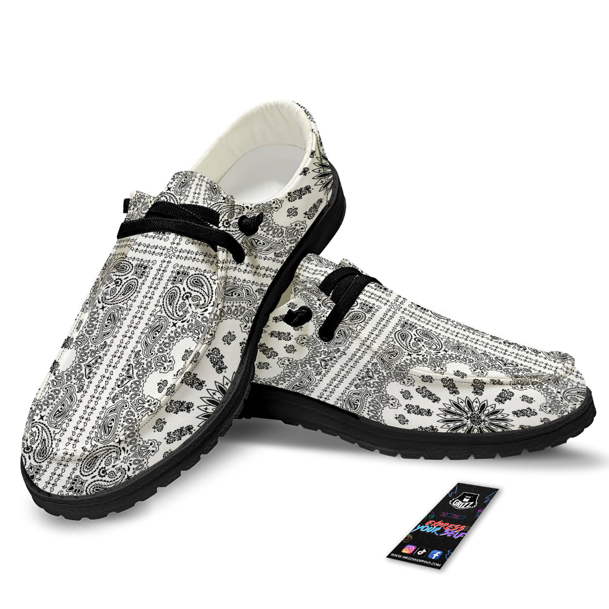 Bandana White And Black Paisley Print Pattern Black Loafers-grizzshop