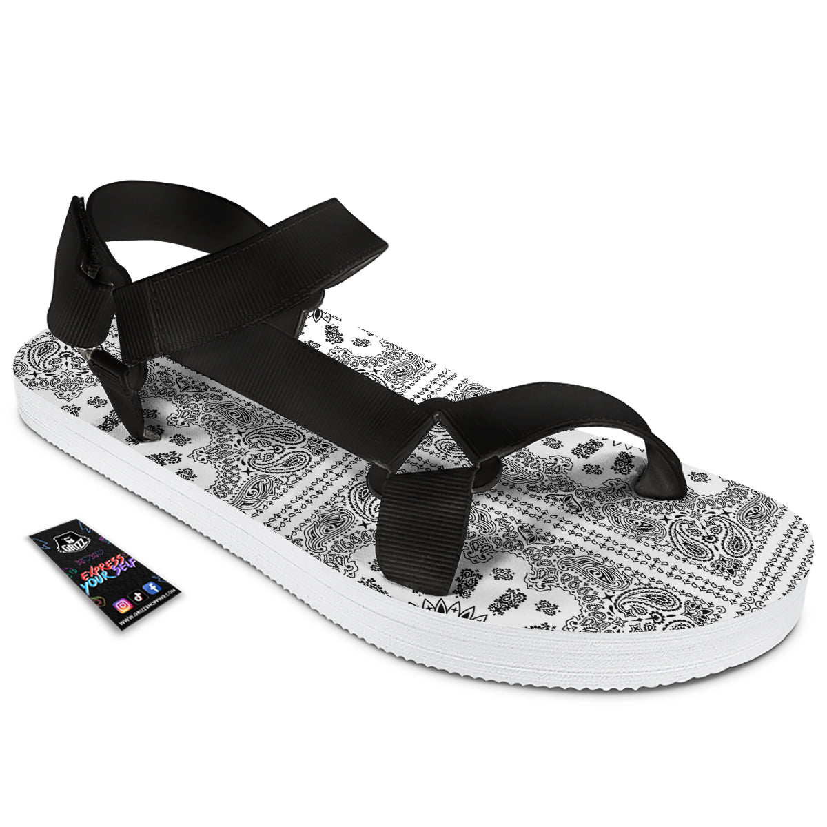 Bandana White And Black Paisley Print Pattern Black Open Toe Sandals-grizzshop