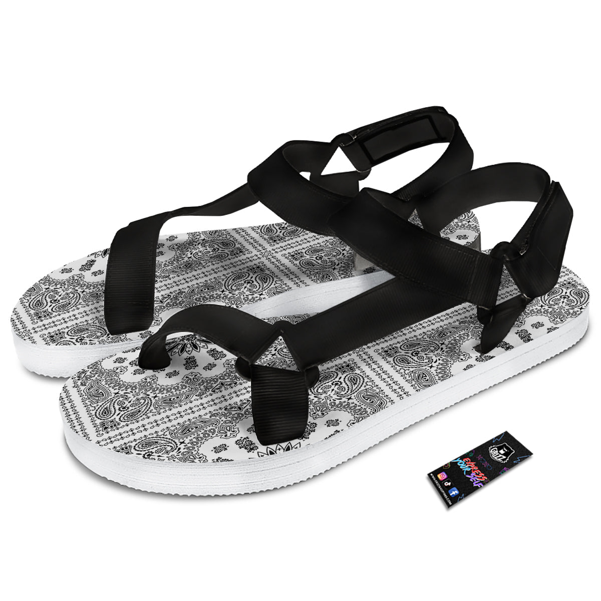 Bandana White And Black Paisley Print Pattern Black Open Toe Sandals-grizzshop