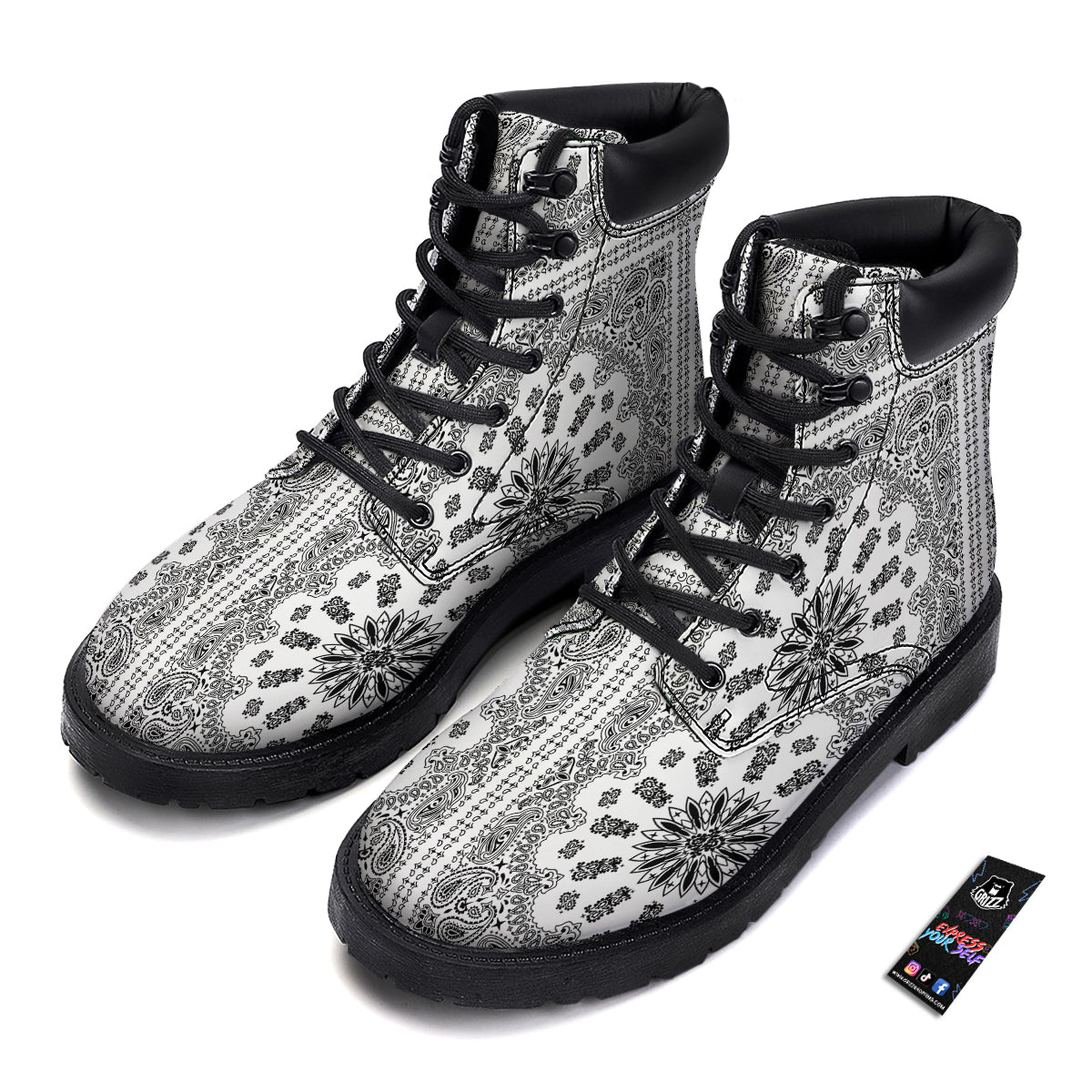 Bandana White And Black Paisley Print Pattern Boots-grizzshop