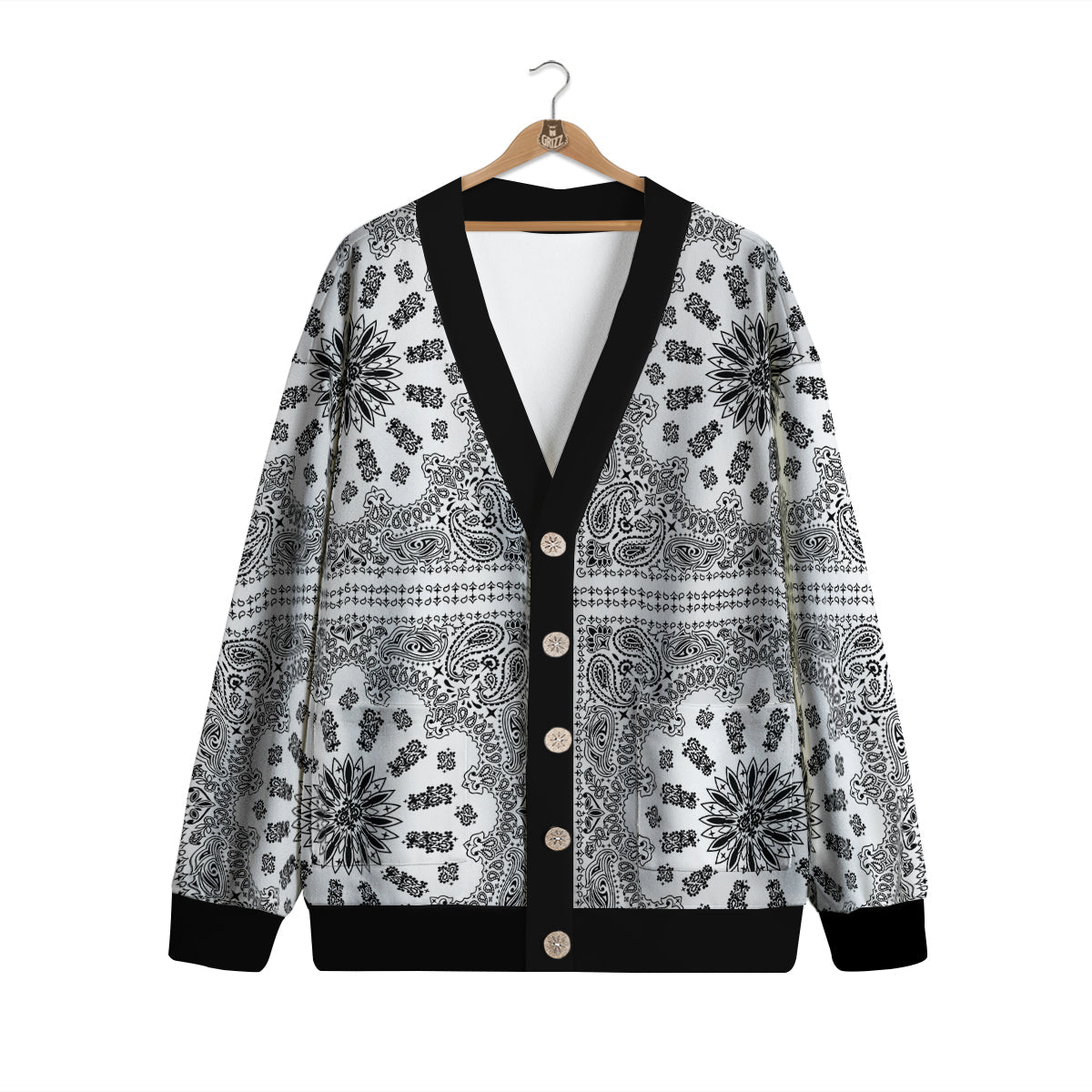 Bandana White And Black Paisley Print Pattern Cardigan-grizzshop