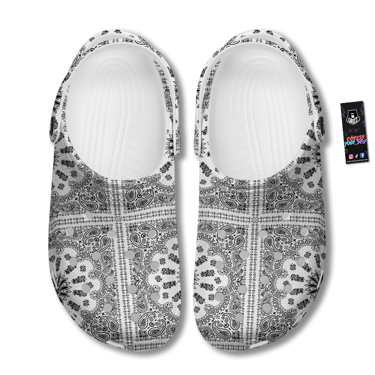 Bandana White And Black Paisley Print Pattern Clog-grizzshop