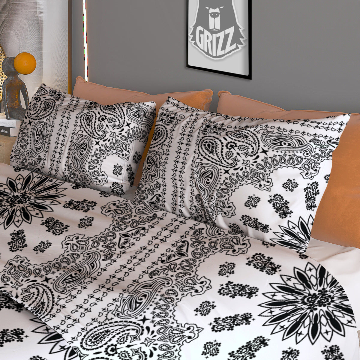 Bandana White And Black Paisley Print Pattern Duvet Cover Bedding Set