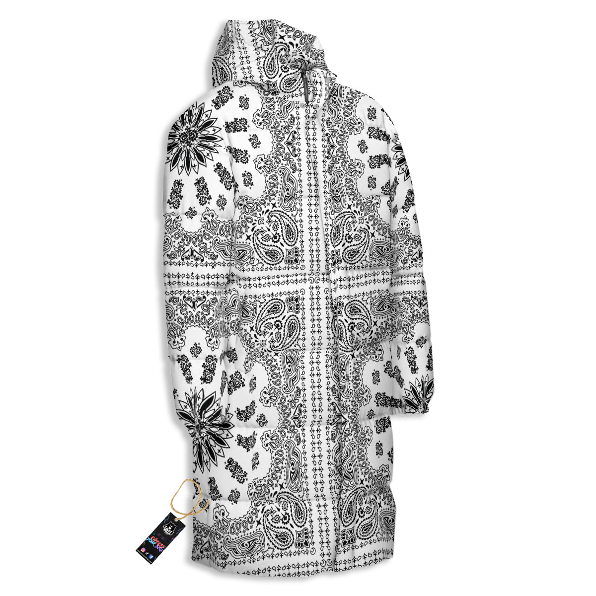 Bandana White And Black Paisley Print Pattern Long Down Jacket-grizzshop