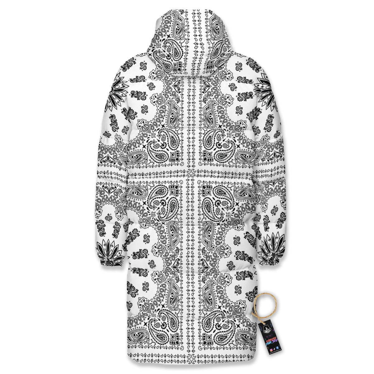 Bandana White And Black Paisley Print Pattern Long Down Jacket-grizzshop