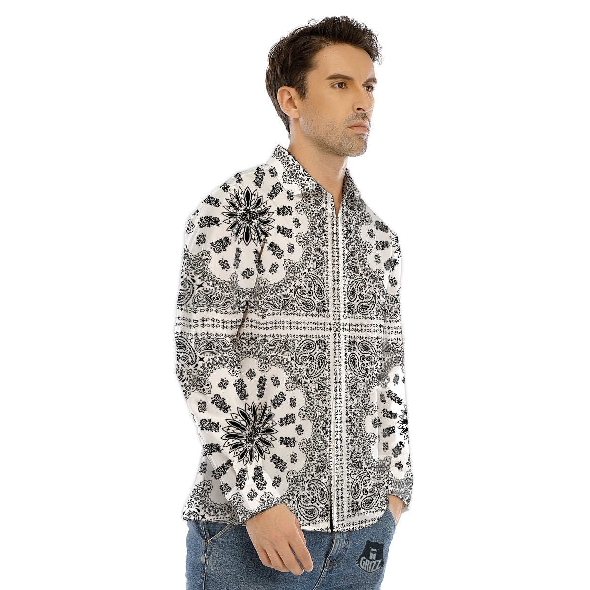 Bandana White And Black Paisley Print Pattern Men's Dress Shirts-grizzshop