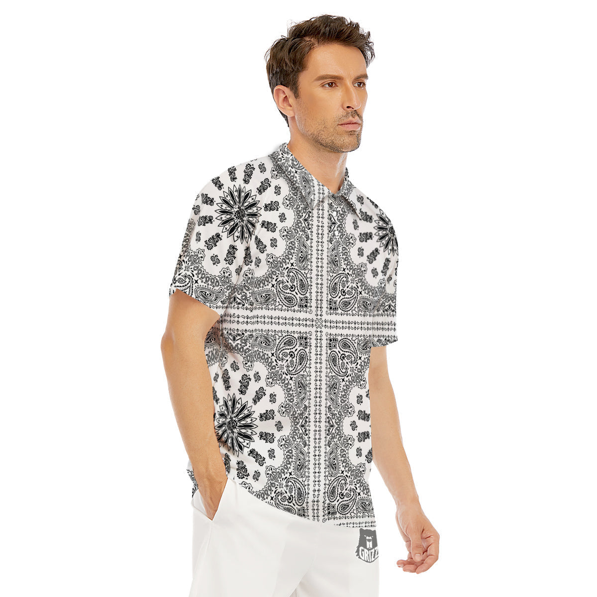 Bandana White And Black Paisley Print Pattern Men's Golf Shirts-grizzshop