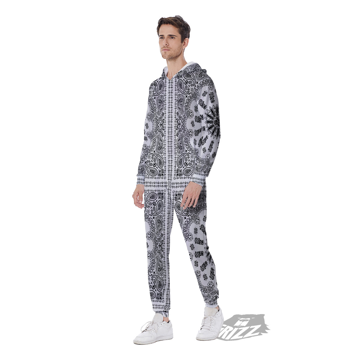 Bandana White And Black Paisley Print Pattern Men's Jumpsuit-grizzshop