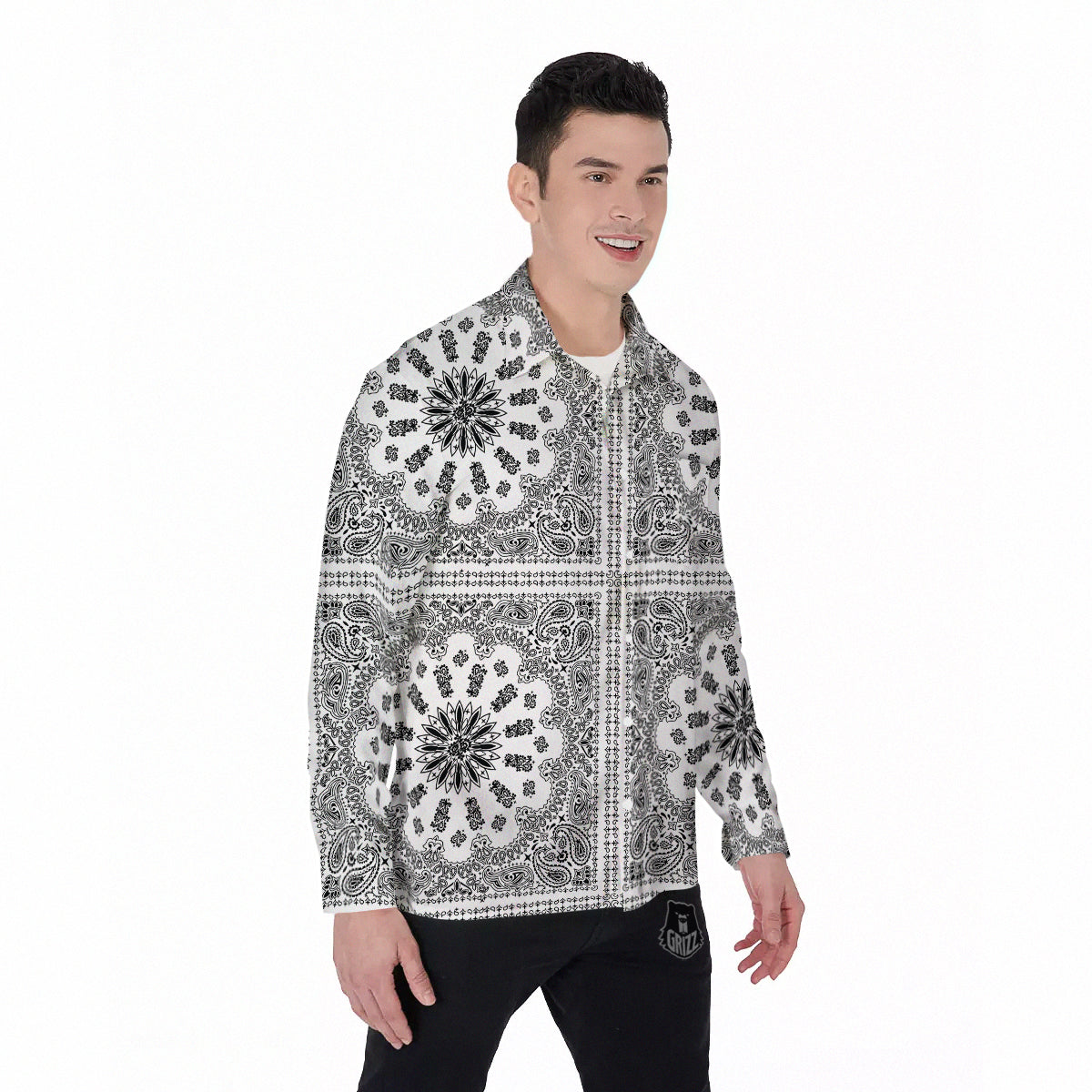 Bandana White And Black Paisley Print Pattern Men's Long Sleeve Shirts-grizzshop