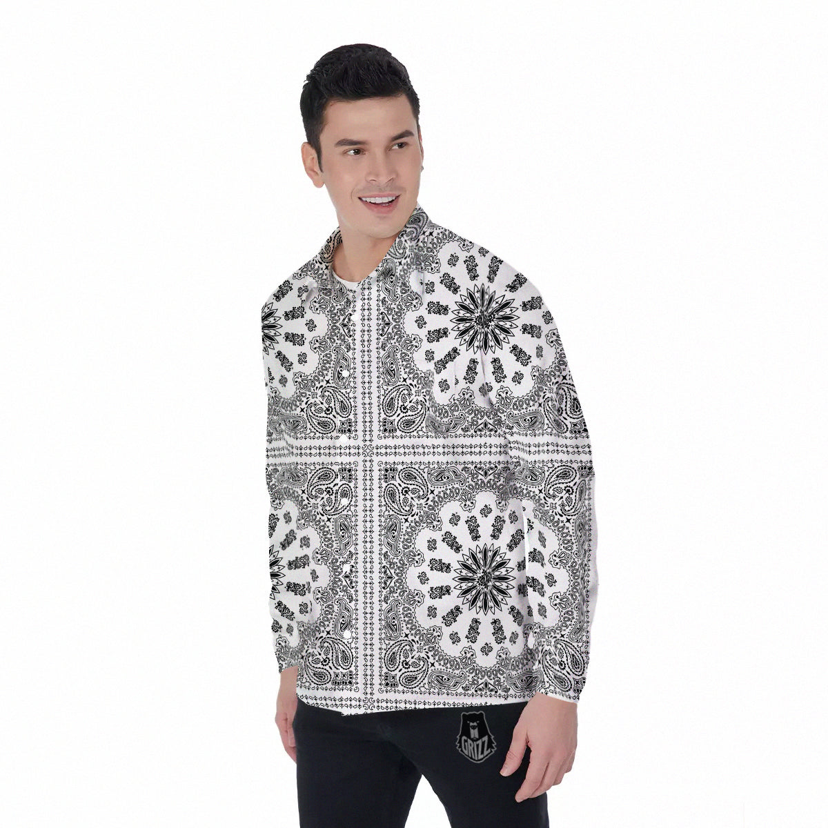 Bandana White And Black Paisley Print Pattern Men's Long Sleeve Shirts-grizzshop