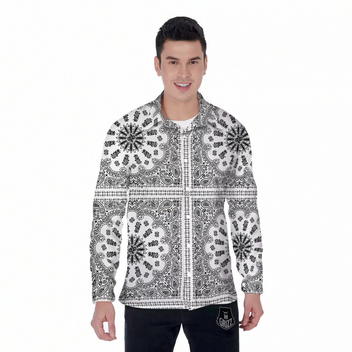 Bandana White And Black Paisley Print Pattern Men's Long Sleeve Shirts-grizzshop