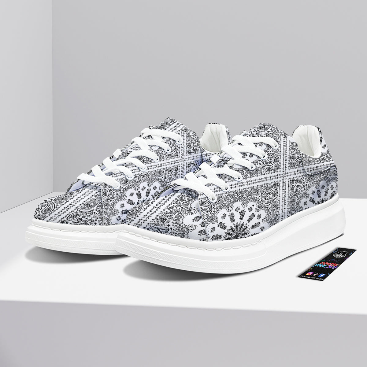 Bandana White And Black Paisley Print Pattern Platform Shoes-grizzshop