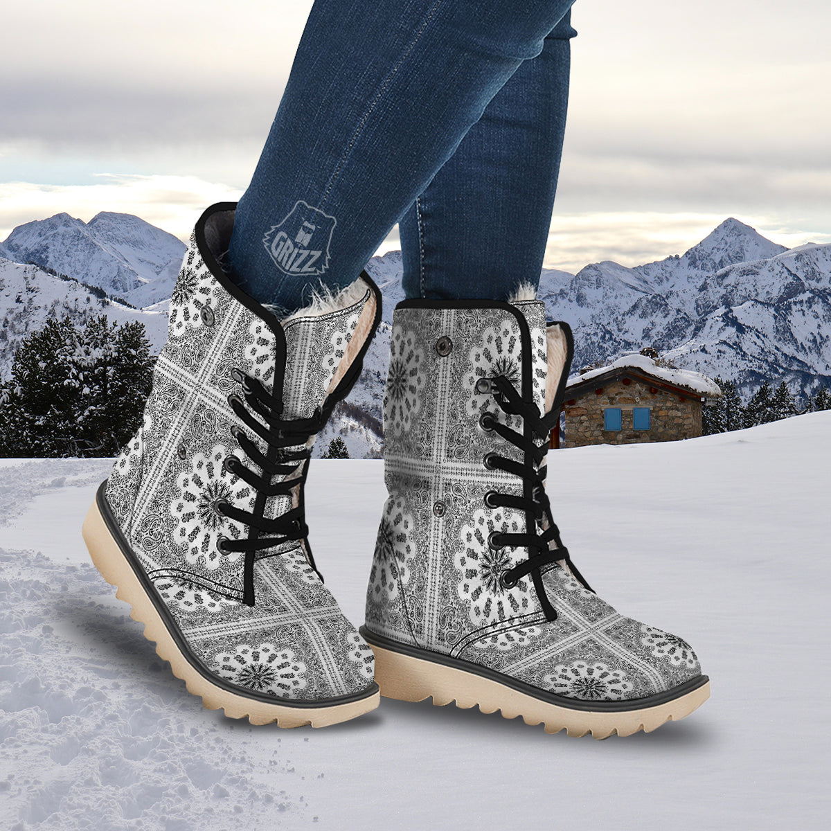 Bandana White And Black Paisley Print Pattern Snow Boots-grizzshop