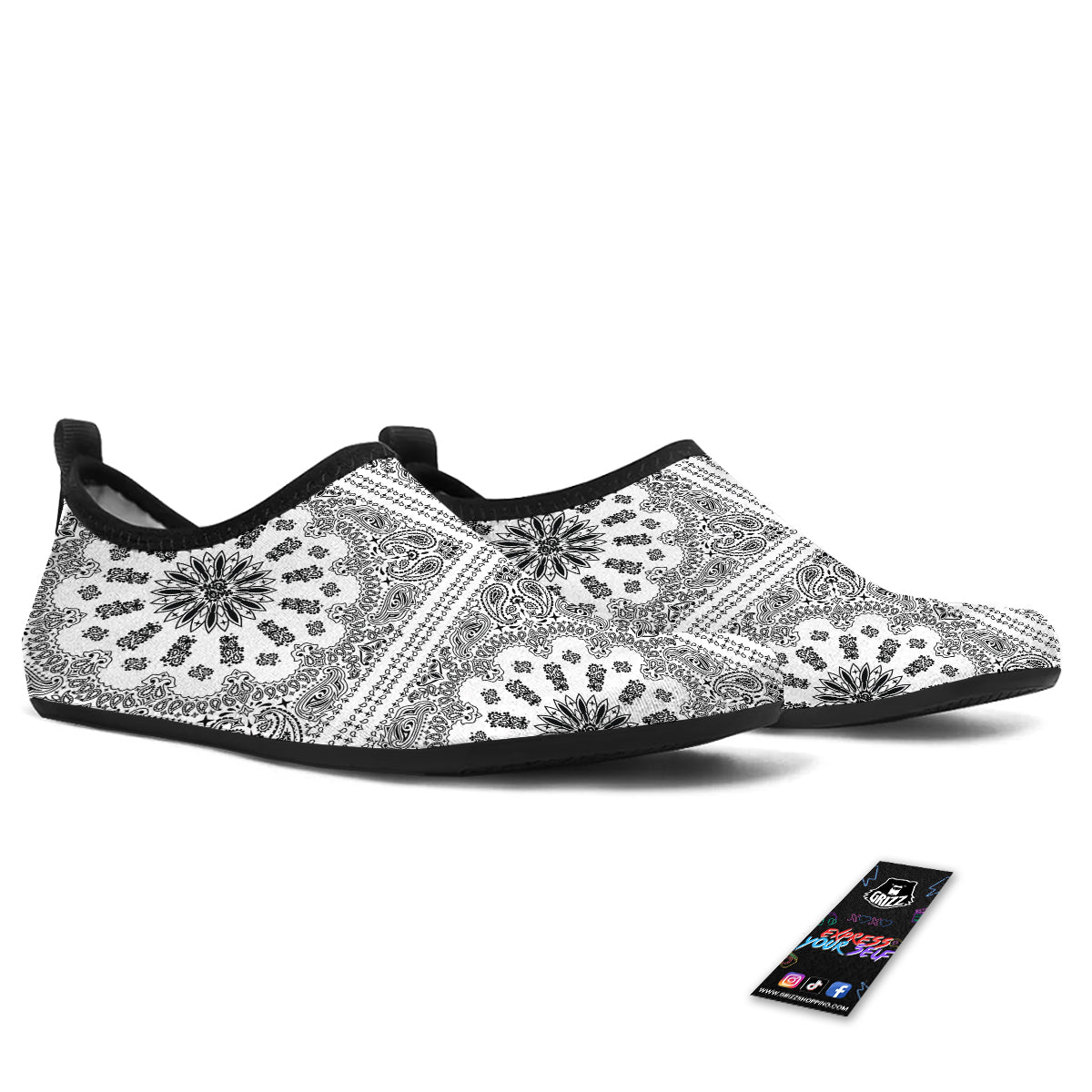 Bandana White And Black Paisley Print Pattern Water Shoes-grizzshop