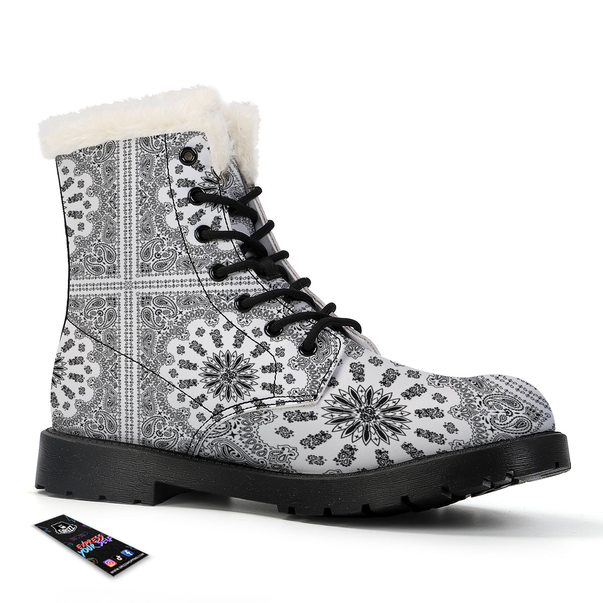 Bandana White And Black Paisley Print Pattern Winter Boots-grizzshop