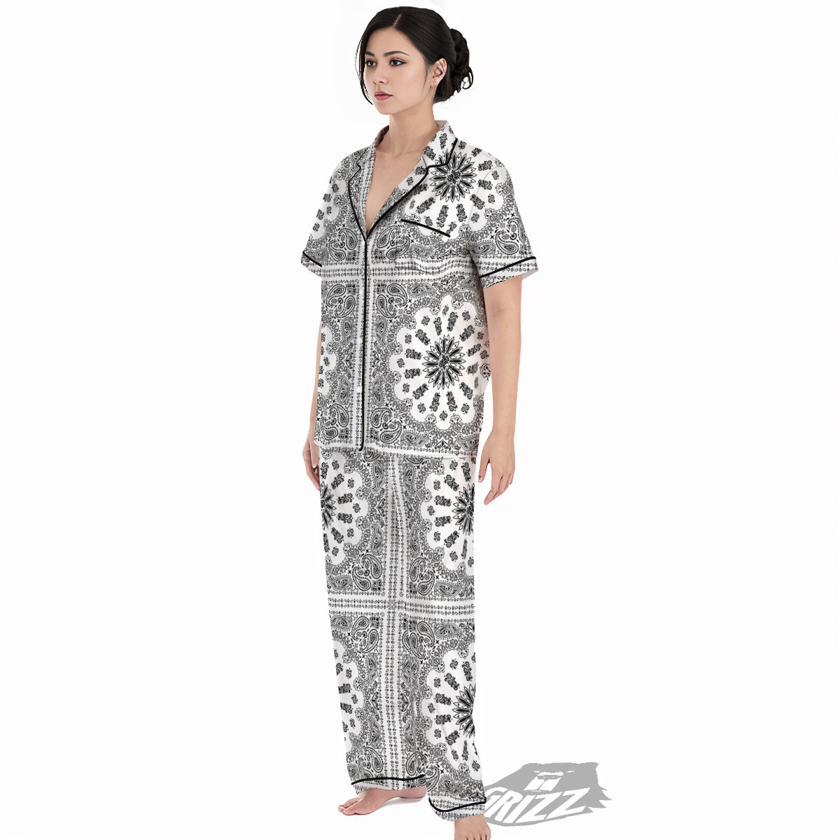 Bandana White And Black Paisley Print Pattern Women's Pajamas Set-grizzshop