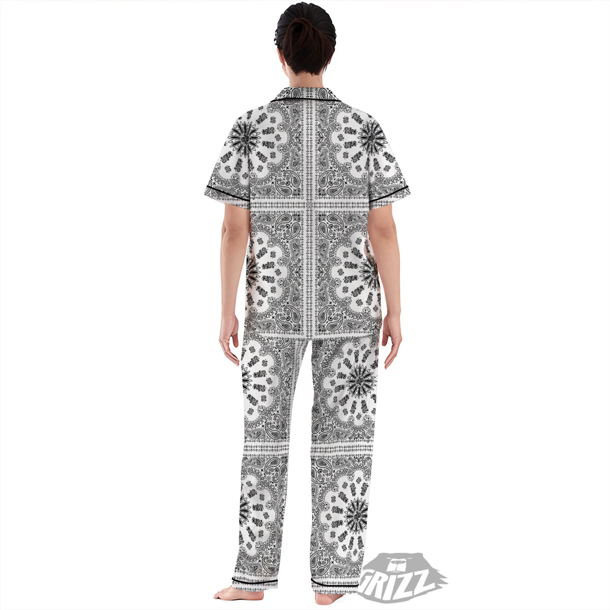 Bandana White And Black Paisley Print Pattern Women's Pajamas Set-grizzshop