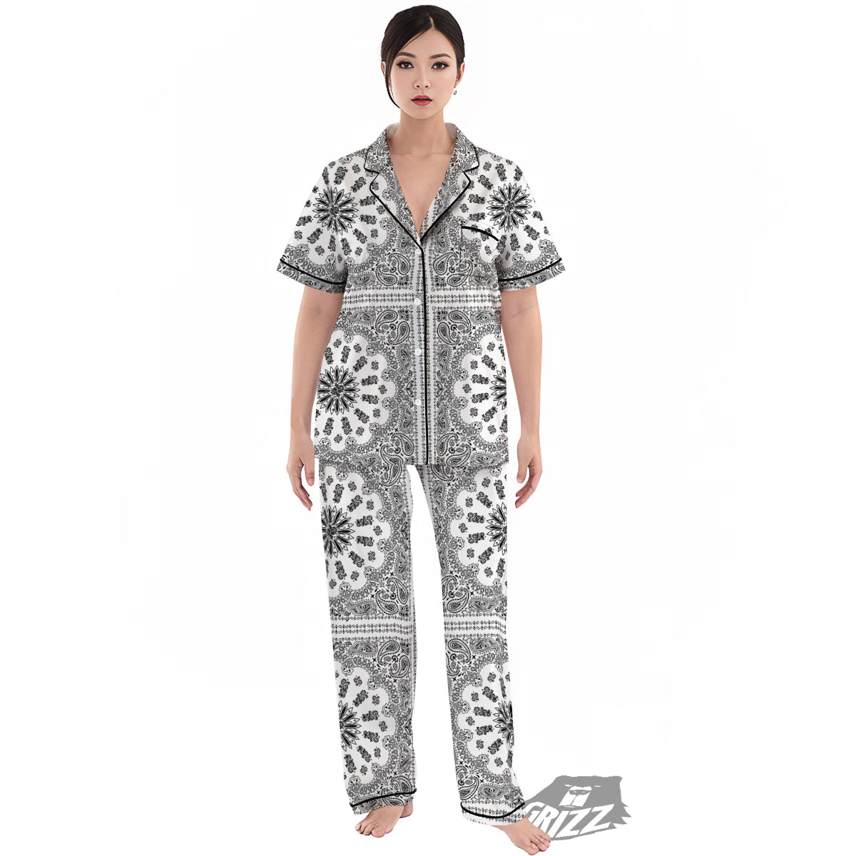 Bandana White And Black Paisley Print Pattern Women's Pajamas Set-grizzshop