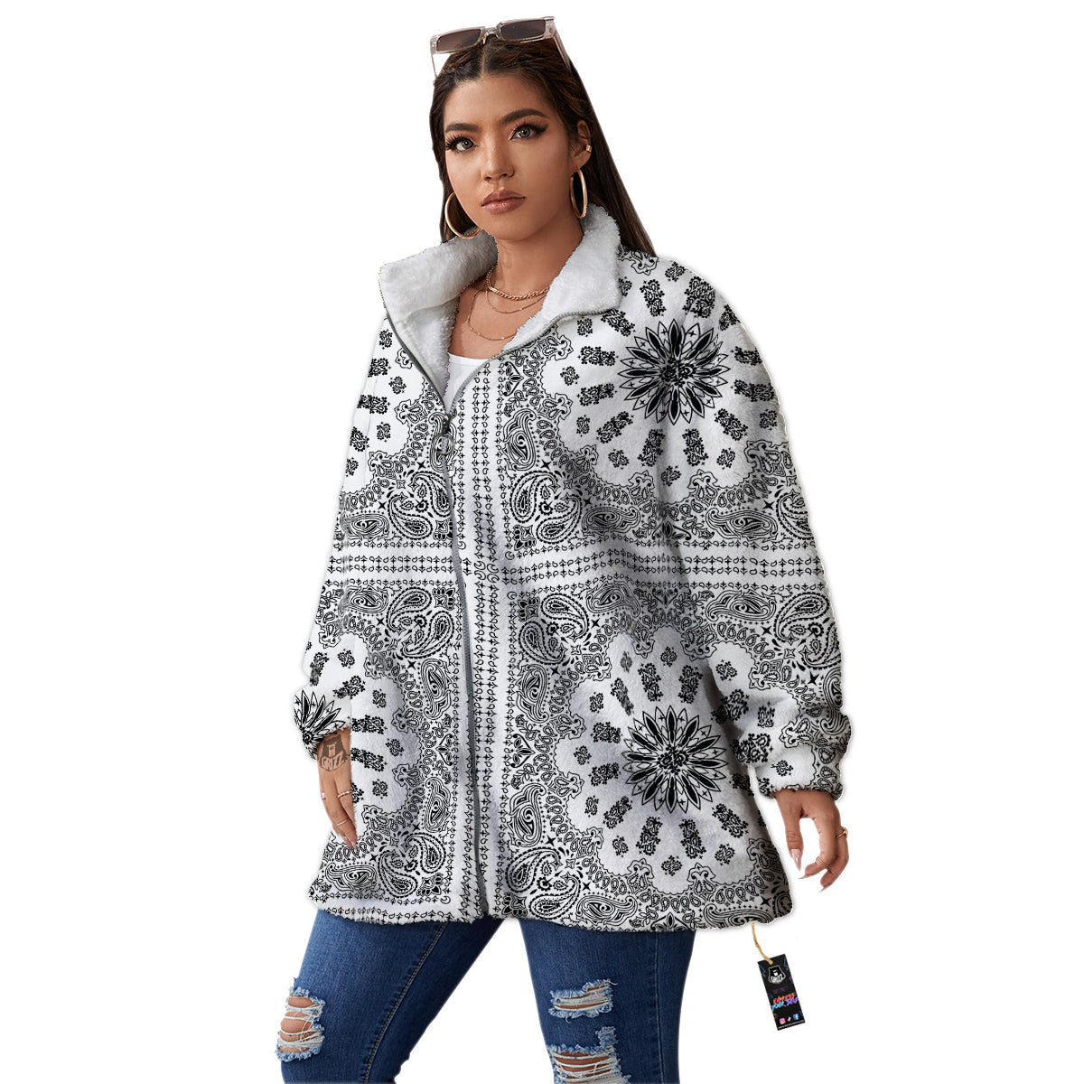 Bandana White And Black Paisley Print Pattern Women's Sherpa Jacket-grizzshop
