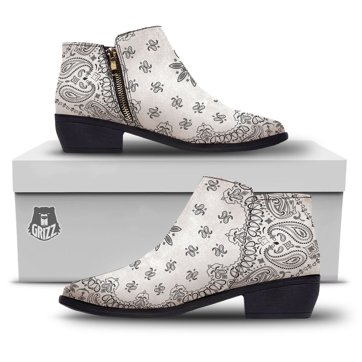 Bandana White And Black Print Ankle Boots-grizzshop