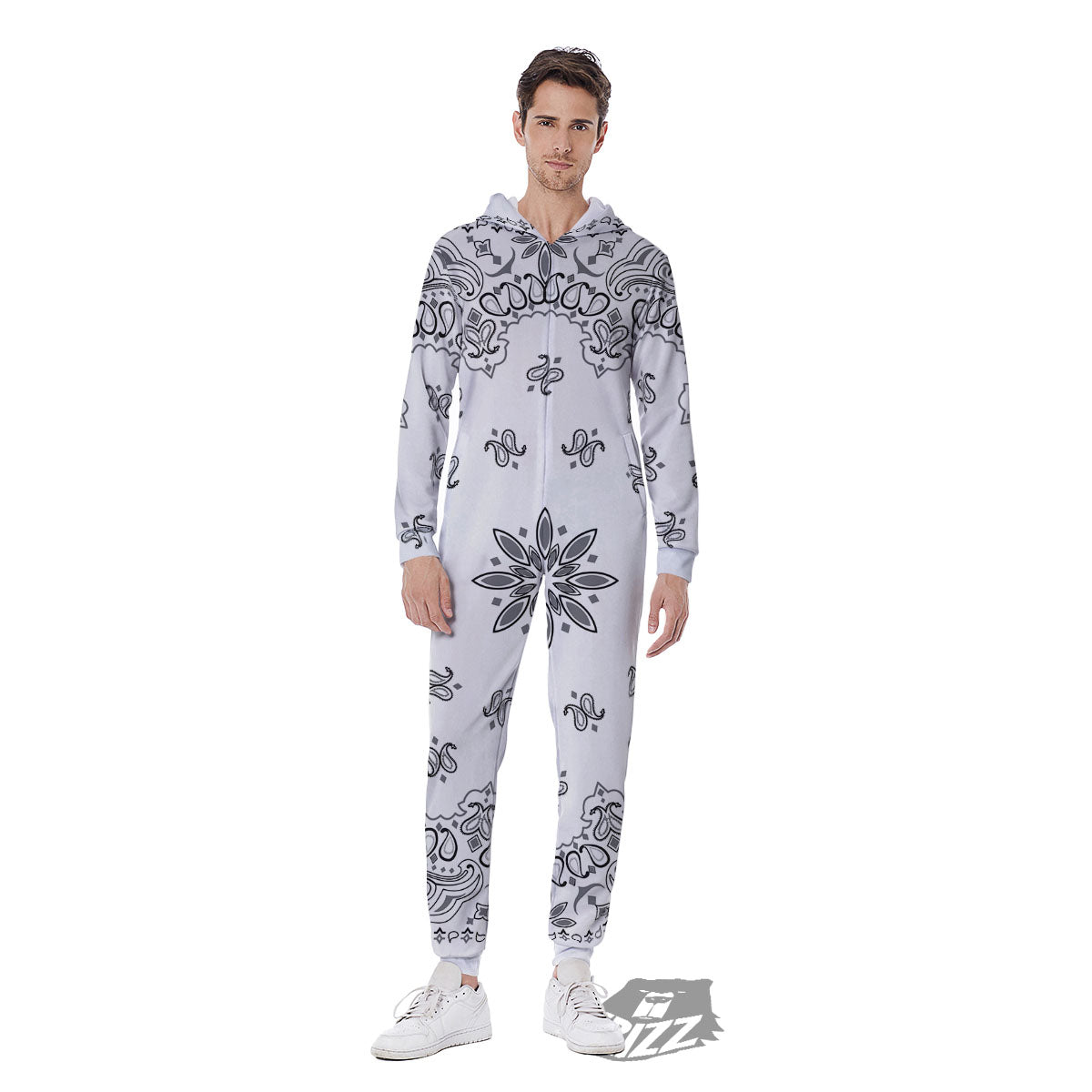 Bandana White And Black Print Men's Jumpsuit-grizzshop