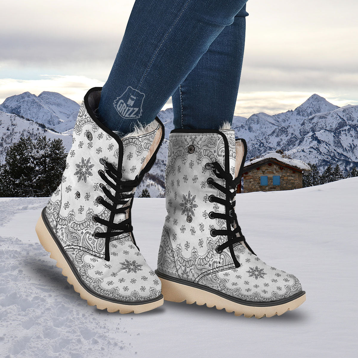 Bandana White And Black Print Snow Boots-grizzshop