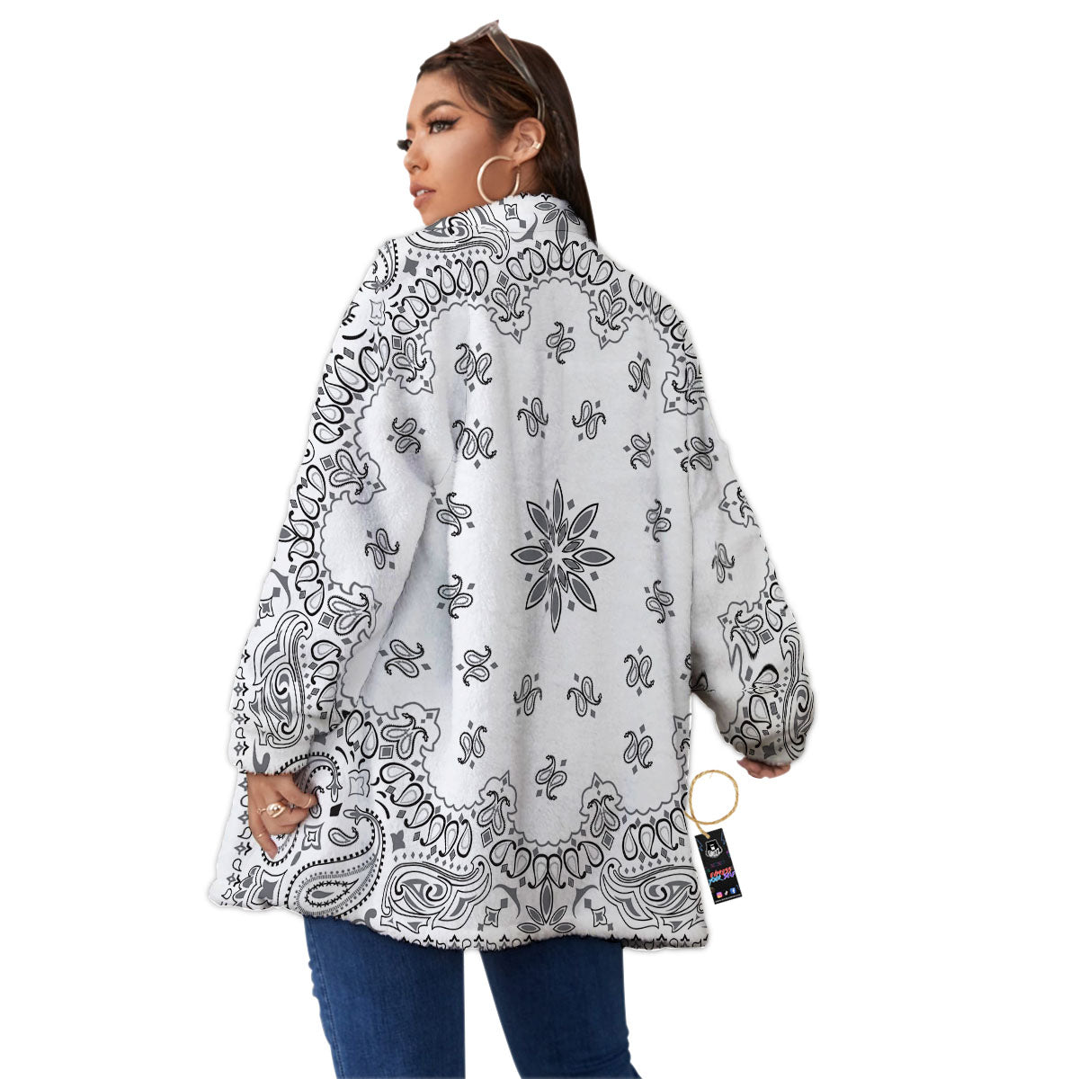 Bandana White And Black Print Women's Sherpa Jacket-grizzshop