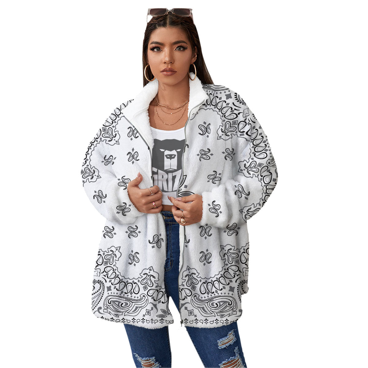 Bandana White And Black Print Women's Sherpa Jacket-grizzshop