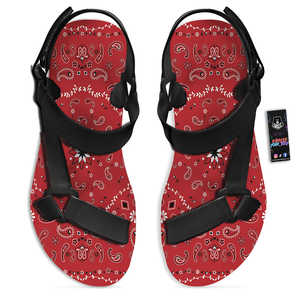 Bandana White And Red Print Black Open Toe Sandals-grizzshop