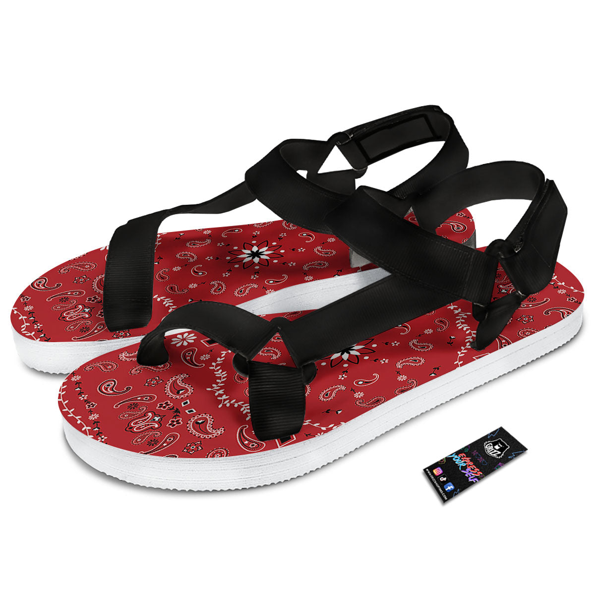 Bandana White And Red Print Black Open Toe Sandals-grizzshop