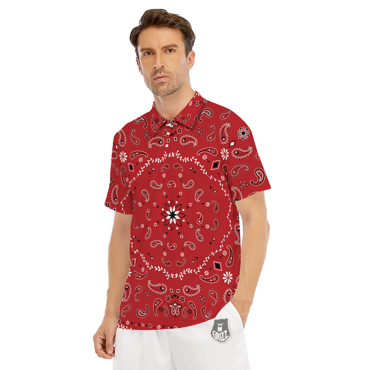 Bandana White And Red Print Men's Golf Shirts-grizzshop